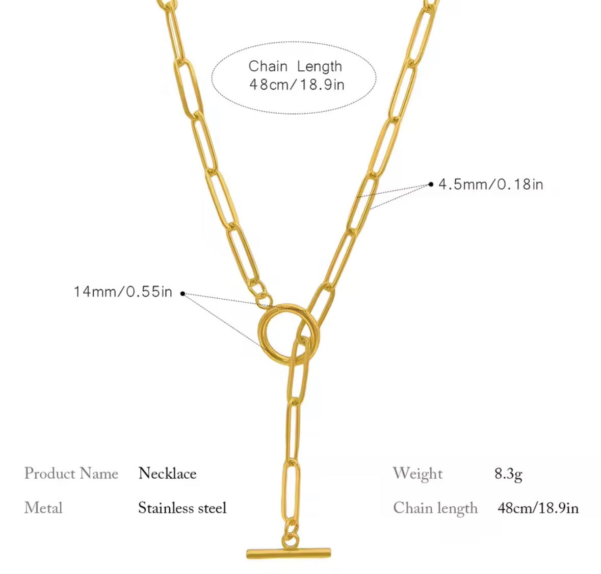The Valiant necklace with measurements and product details on a white background