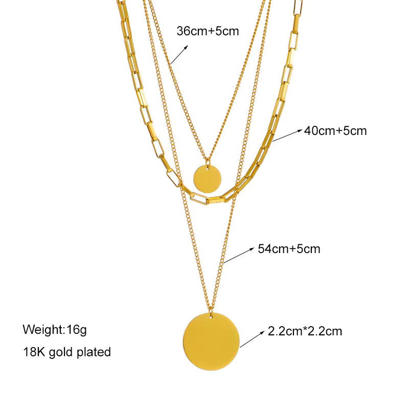 The Valora Necklace: Gold necklaces with measurements and details on a white background