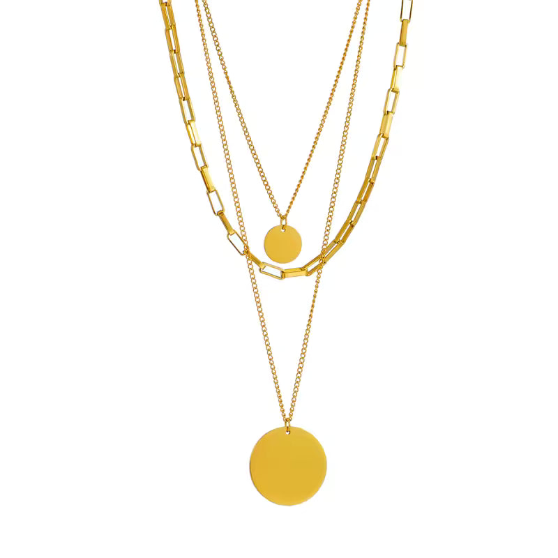 The Valora Necklace | Waterproof 3 Layer Gold Necklace for Women: Three-layer gold necklaces with round pendants on a white background