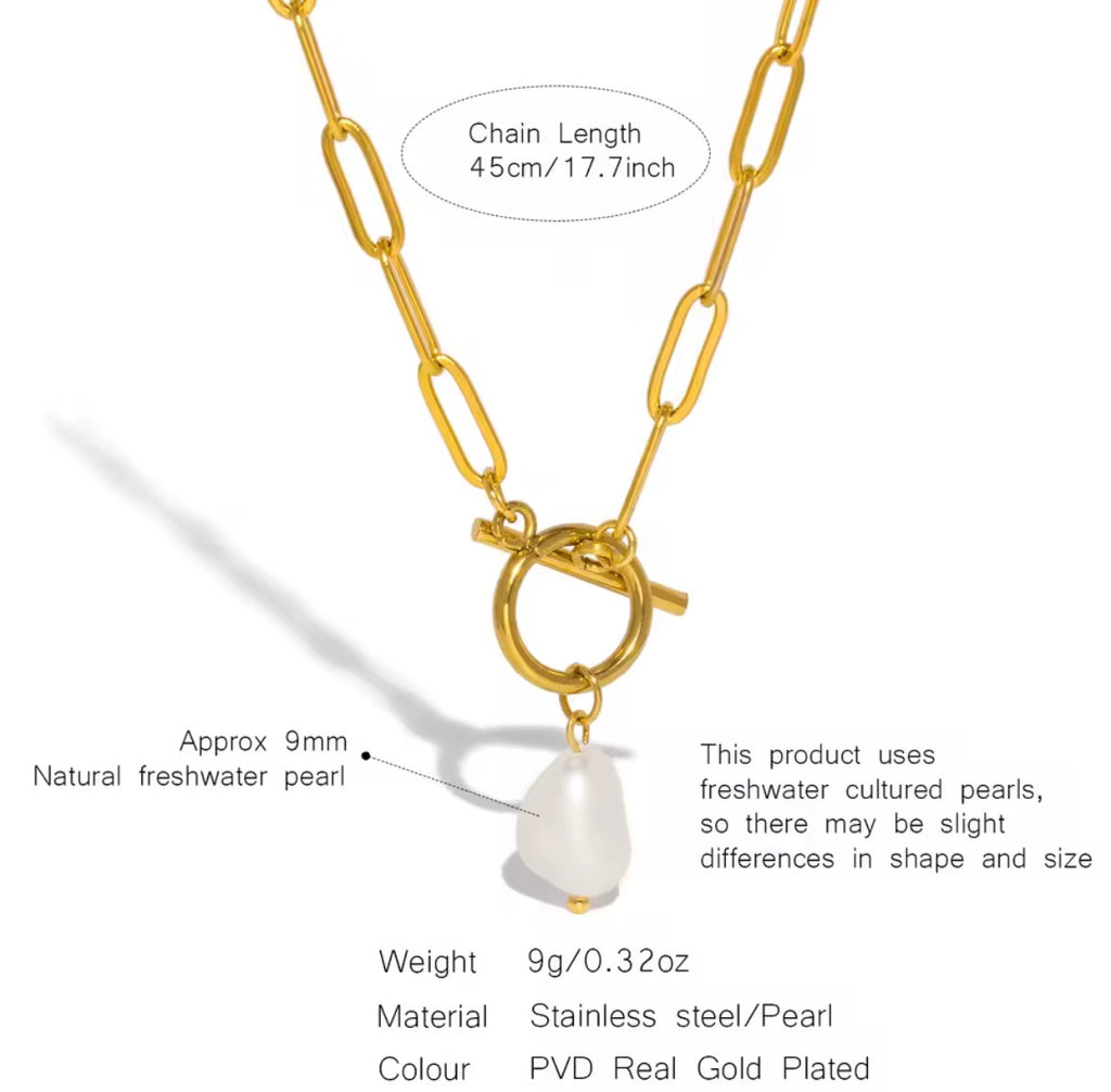 The Vivienne Pearl Gold chain necklace with a white pearl pendant on a white background