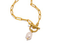 The Vivienne Pearl Necklace  Gold necklace with a pearl charm on a white background