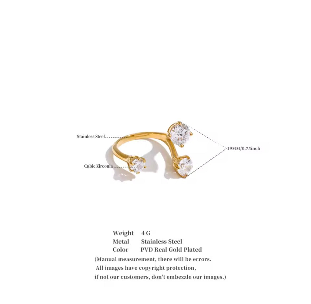 A gold-plated three-stone ring with clear cubic zirconia stones on a white background, annotated with text labels pointing to the metal and stones, plus product specifications below.