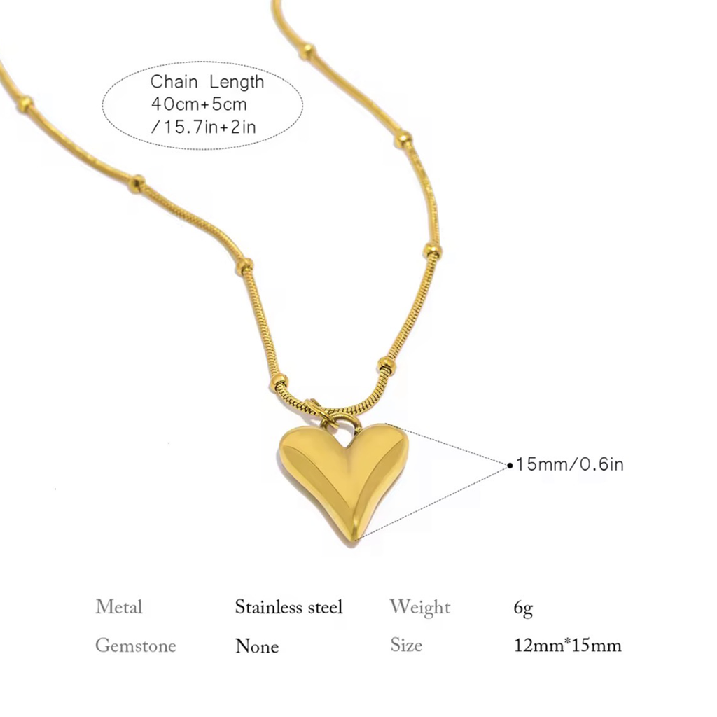 The Amara Necklace is a gold heart-shaped necklace with chain length, metal type, weight, and size information on a white background.