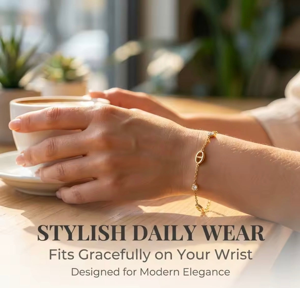 Shop The Celestine Bracelet – an elegant gold-tone stainless steel bracelet with geometric oval motifs and sparkling white zircon accents. Adjustable and hypoallergenic.