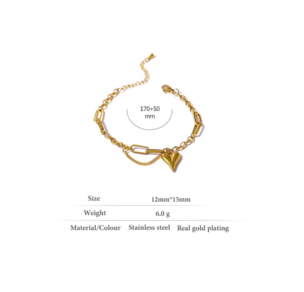 The Noémie gold heart bracelet size and product details guide