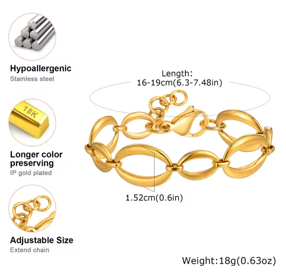 The Sorevia gold link bracelet size guide showing adjustable length and link width